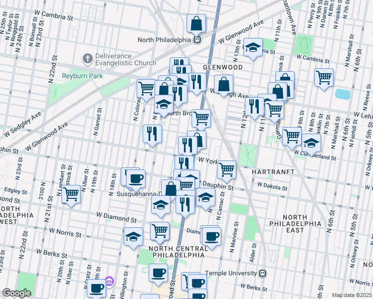map of restaurants, bars, coffee shops, grocery stores, and more near 2411 North Carlisle Street in Philadelphia