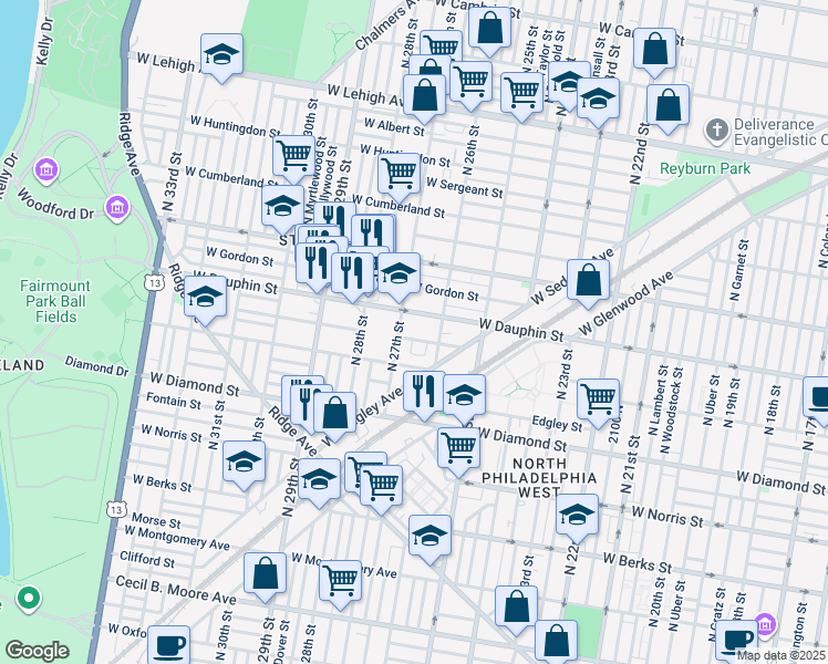 map of restaurants, bars, coffee shops, grocery stores, and more near 2617 West Fletcher Street in Philadelphia