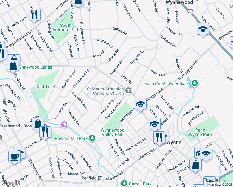 map of restaurants, bars, coffee shops, grocery stores, and more near 450 Rock Glen Drive in Penn Wynne