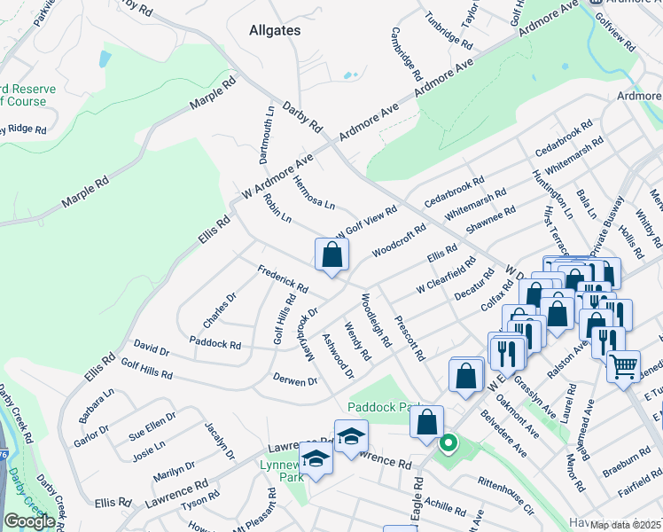 map of restaurants, bars, coffee shops, grocery stores, and more near 212 Ellis Road in Havertown