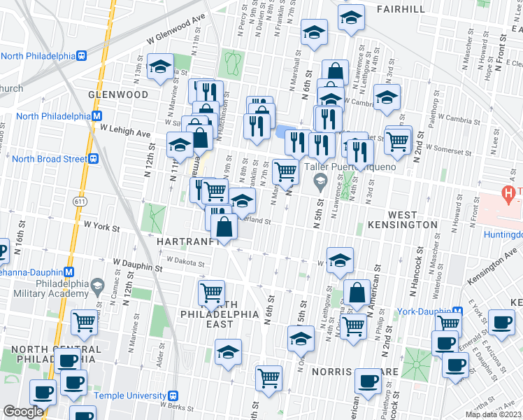 map of restaurants, bars, coffee shops, grocery stores, and more near 2515 North 7th Street in Philadelphia