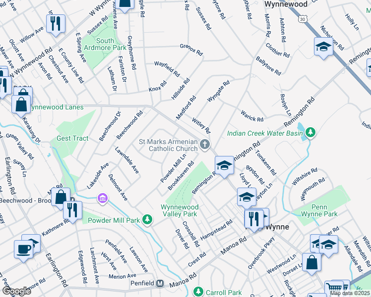 map of restaurants, bars, coffee shops, grocery stores, and more near 450 Rock Glen Drive in Penn Wynne