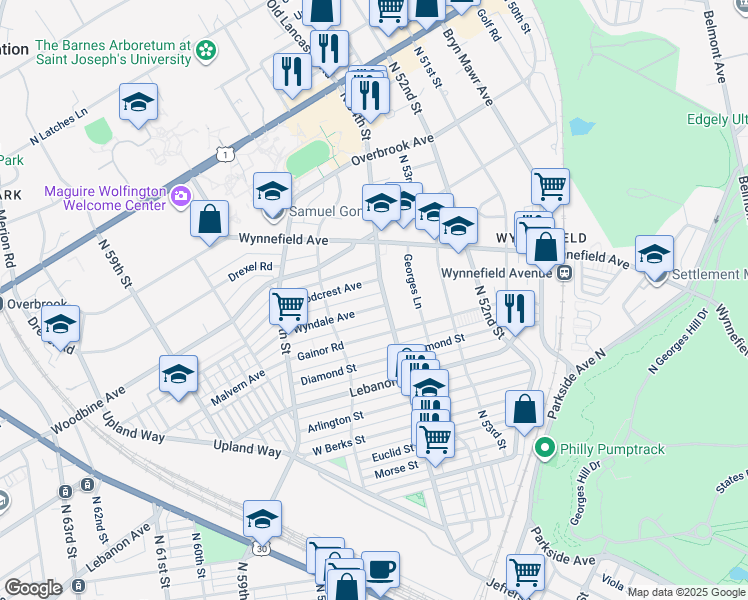 map of restaurants, bars, coffee shops, grocery stores, and more near 5407 Wyndale Avenue in Philadelphia