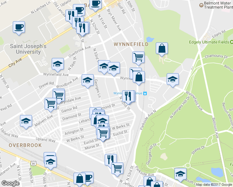 map of restaurants, bars, coffee shops, grocery stores, and more near 2202 N 52nd St in Philadelphia