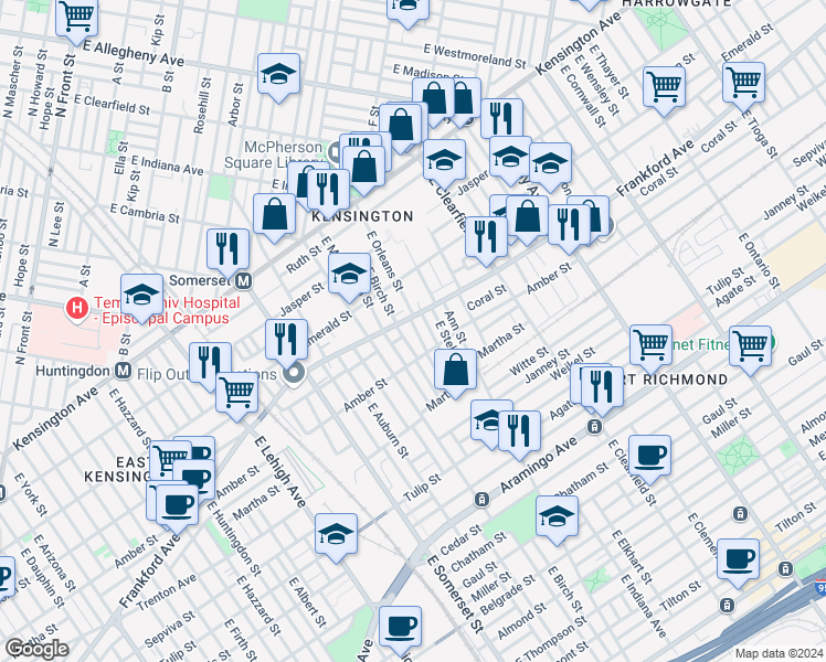 map of restaurants, bars, coffee shops, grocery stores, and more near 2050 East Orleans Street in Philadelphia