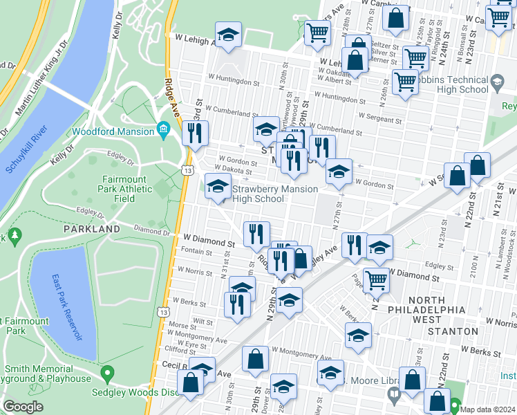 map of restaurants, bars, coffee shops, grocery stores, and more near 2212 North 30th Street in Philadelphia