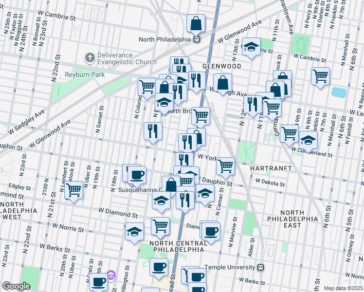 map of restaurants, bars, coffee shops, grocery stores, and more near 2420 North Carlisle Street in Philadelphia