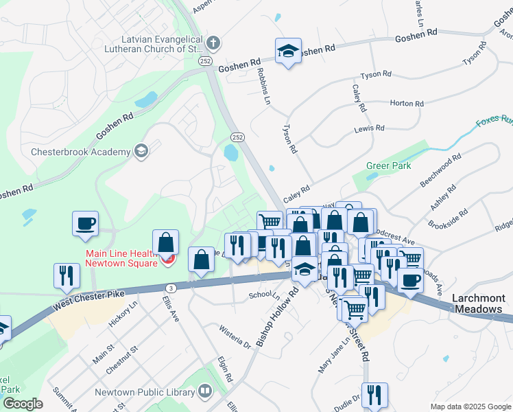 map of restaurants, bars, coffee shops, grocery stores, and more near 400 Paddock Circle in Newtown Square
