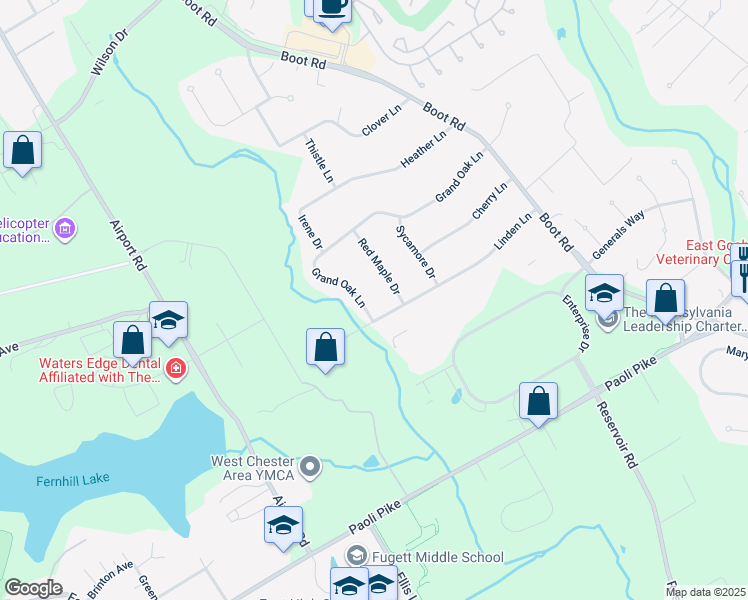 map of restaurants, bars, coffee shops, grocery stores, and more near 1402 Grand Oak Lane in West Chester