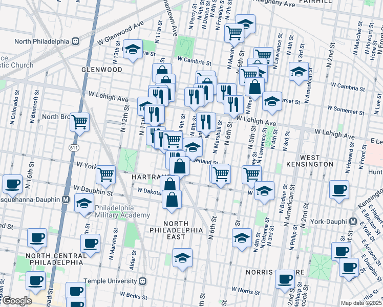 map of restaurants, bars, coffee shops, grocery stores, and more near 2515 North 8th Street in Philadelphia
