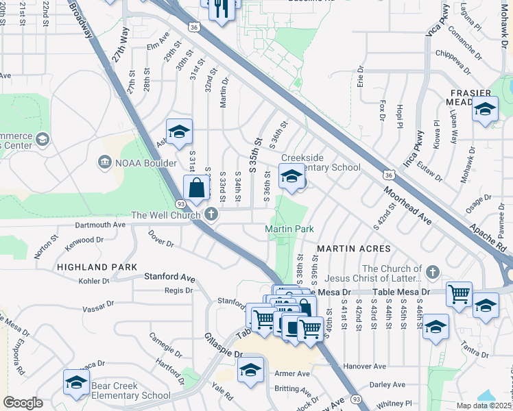 map of restaurants, bars, coffee shops, grocery stores, and more near 190 South 35th Street in Boulder