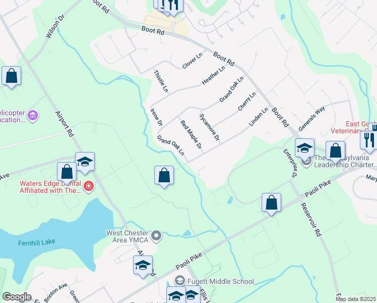 map of restaurants, bars, coffee shops, grocery stores, and more near 1402 Grand Oak Lane in West Chester