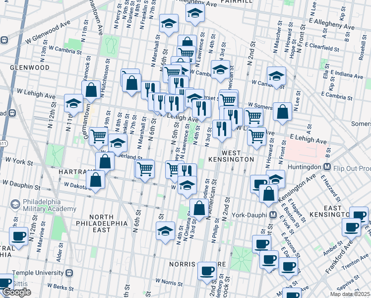 map of restaurants, bars, coffee shops, grocery stores, and more near 2541 North Lawrence Street in Philadelphia