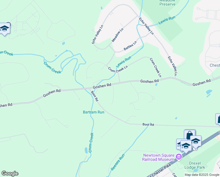 map of restaurants, bars, coffee shops, grocery stores, and more near 2 Woolman Drive in Newtown Square