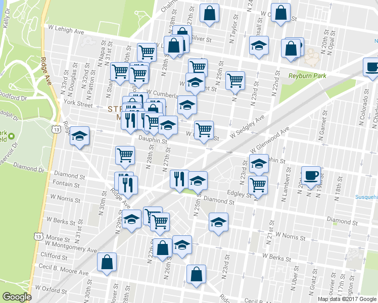 map of restaurants, bars, coffee shops, grocery stores, and more near 2241 North 26th Street in Philadelphia
