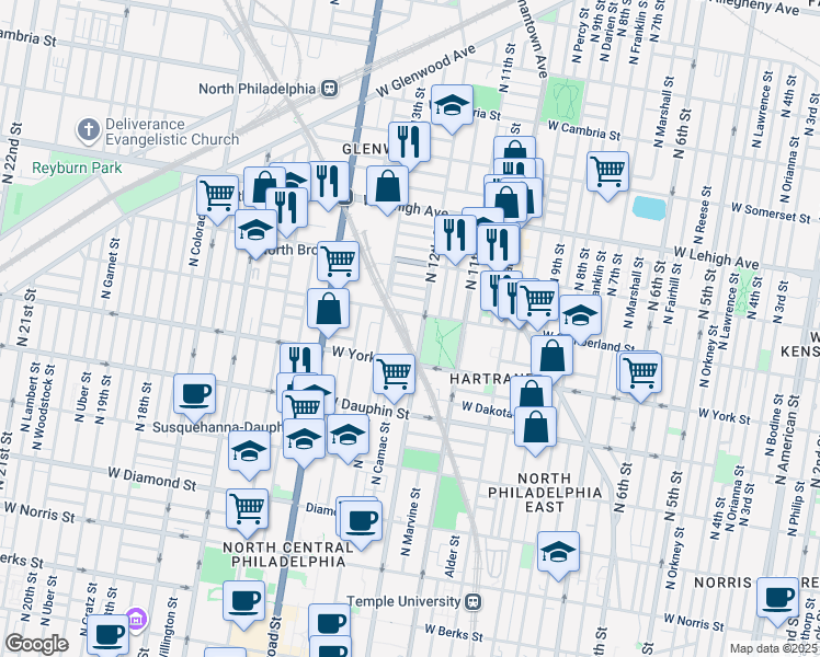 map of restaurants, bars, coffee shops, grocery stores, and more near 2460 North 12th Street in Philadelphia