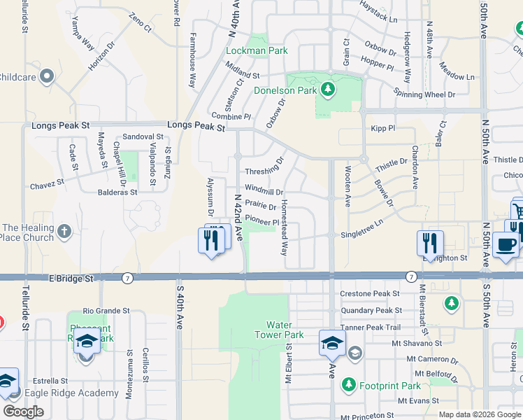 map of restaurants, bars, coffee shops, grocery stores, and more near 4242 Prairie Drive in Brighton