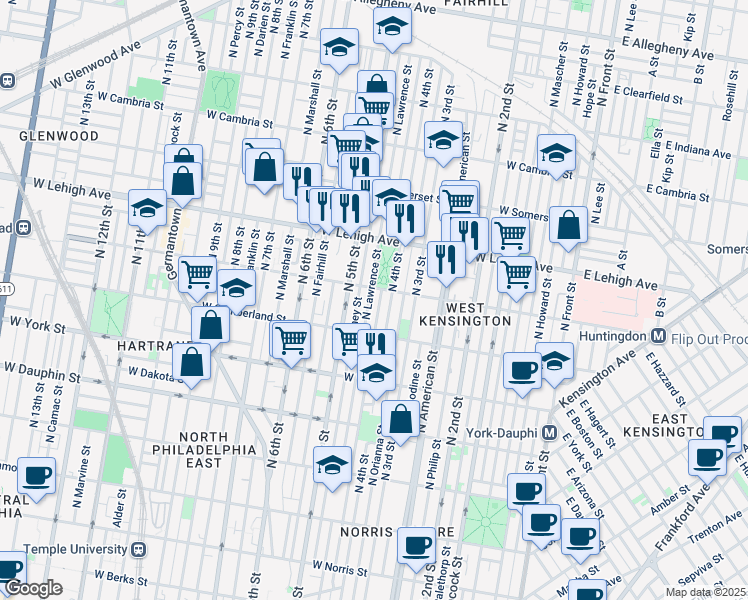 map of restaurants, bars, coffee shops, grocery stores, and more near 2541 North Lawrence Street in Philadelphia
