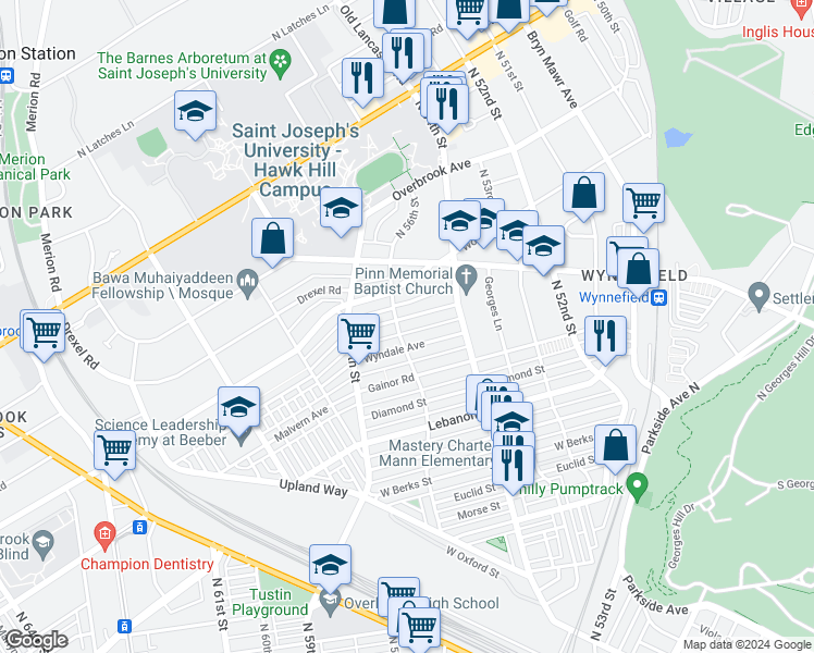 map of restaurants, bars, coffee shops, grocery stores, and more near 5440 Woodcrest Avenue in Philadelphia