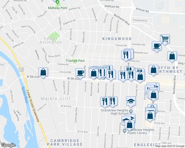 map of restaurants, bars, coffee shops, grocery stores, and more near 1634 Wyandotte Road in Columbus