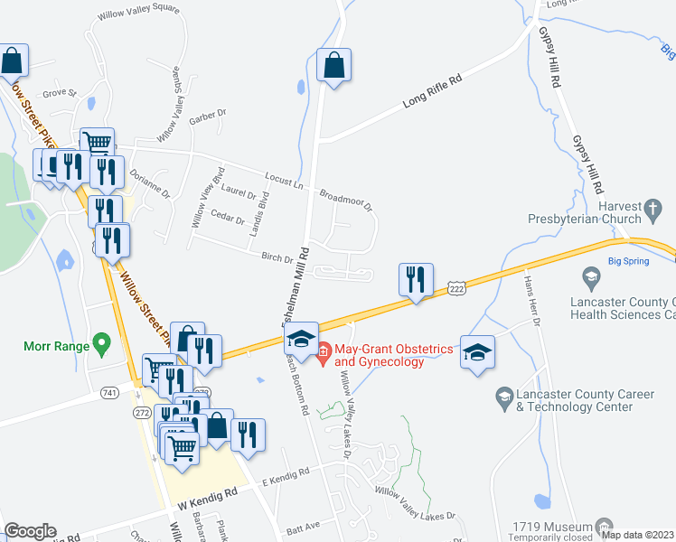 map of restaurants, bars, coffee shops, grocery stores, and more near 524 Babylon Court in Willow Street