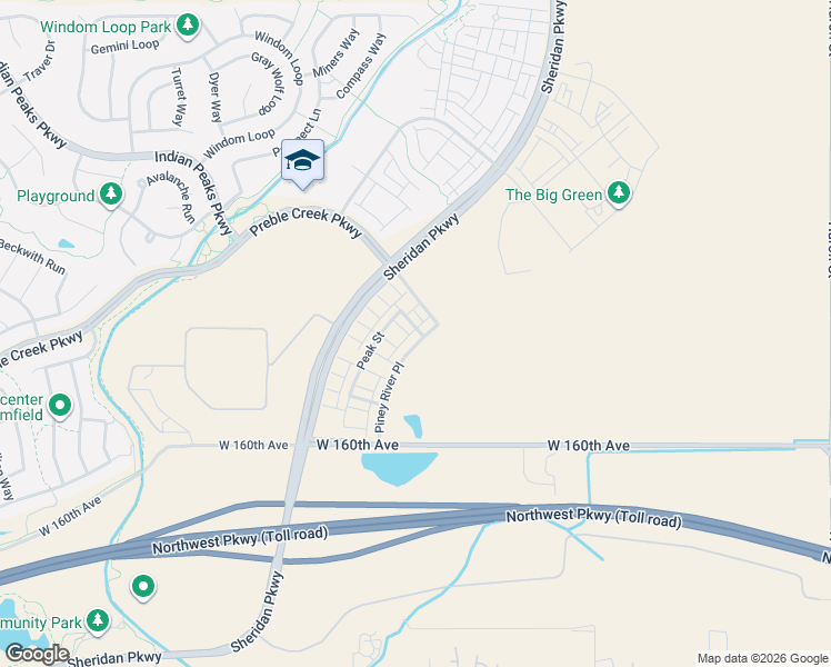 map of restaurants, bars, coffee shops, grocery stores, and more near 16305 Sheridan Parkway in Broomfield
