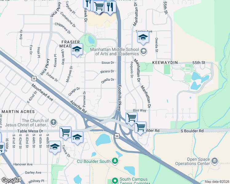 map of restaurants, bars, coffee shops, grocery stores, and more near 4990 Osage Drive in Boulder