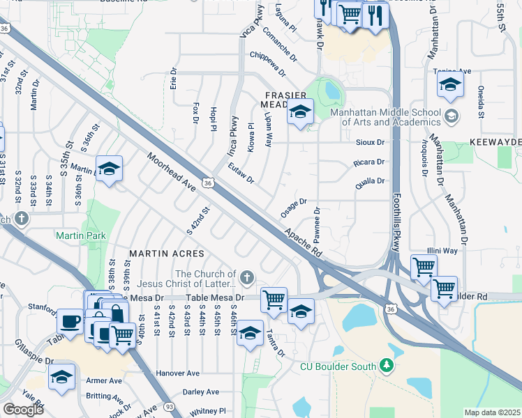 map of restaurants, bars, coffee shops, grocery stores, and more near in Boulder