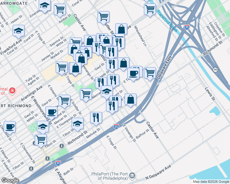 map of restaurants, bars, coffee shops, grocery stores, and more near 2701 Pickwick Street in Philadelphia
