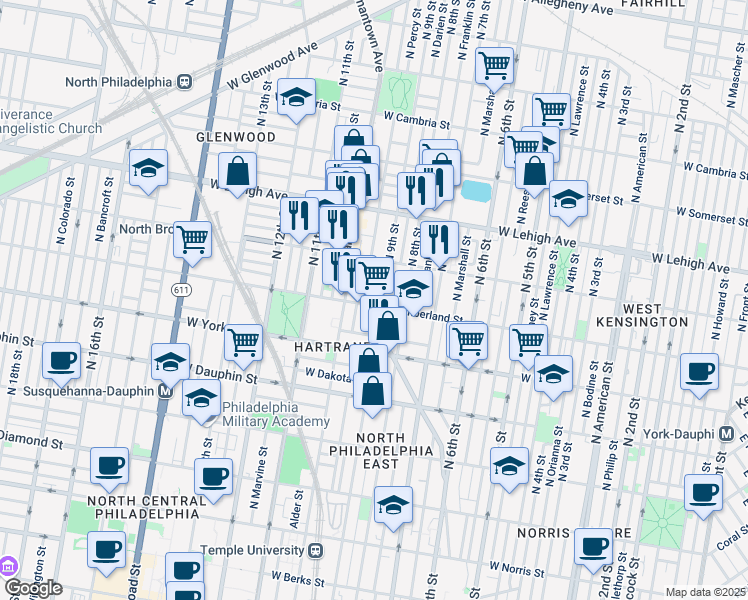 map of restaurants, bars, coffee shops, grocery stores, and more near 2501 Germantown Avenue in Philadelphia