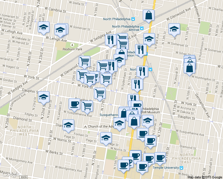 map of restaurants, bars, coffee shops, grocery stores, and more near 2404 North 16th Street in Philadelphia