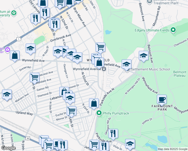 map of restaurants, bars, coffee shops, grocery stores, and more near 5104 Gainor Road in Philadelphia