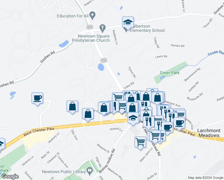 map of restaurants, bars, coffee shops, grocery stores, and more near 400 Paddock Circle in Newtown Square