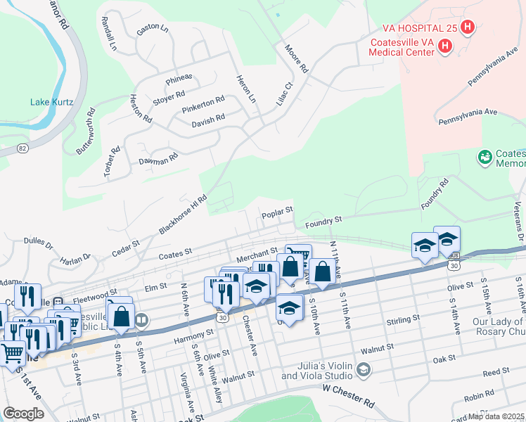 map of restaurants, bars, coffee shops, grocery stores, and more near 831 Poplar Street in Coatesville