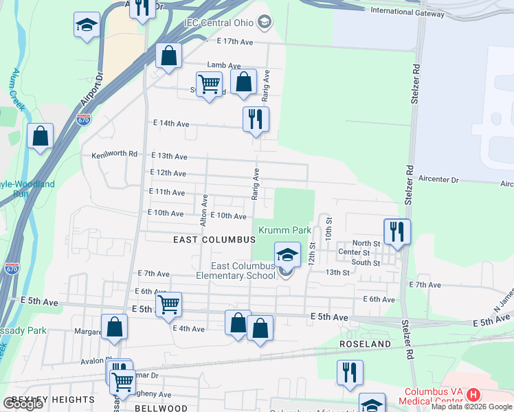 map of restaurants, bars, coffee shops, grocery stores, and more near 914 Rarig Avenue in Columbus