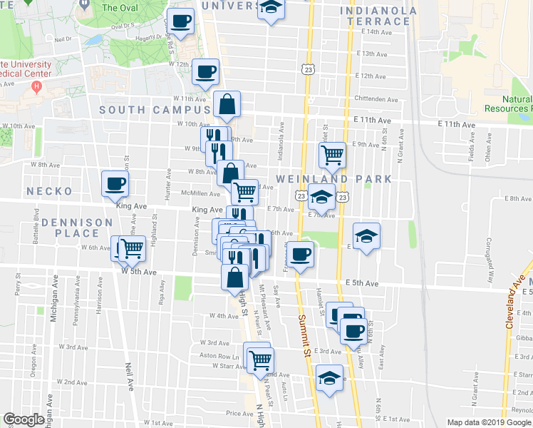 map of restaurants, bars, coffee shops, grocery stores, and more near 77 East 7th Avenue in Columbus