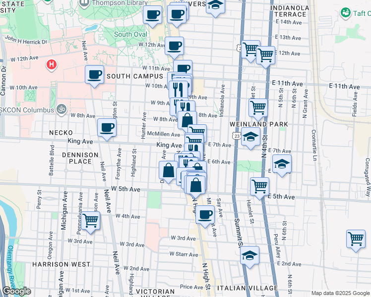 map of restaurants, bars, coffee shops, grocery stores, and more near 1374 North High Street in Columbus