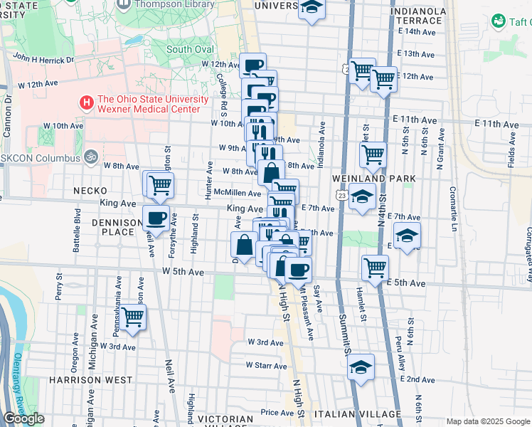 map of restaurants, bars, coffee shops, grocery stores, and more near 29 King Avenue in Columbus