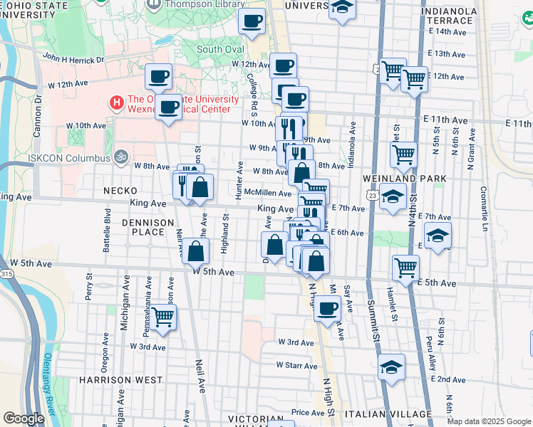 map of restaurants, bars, coffee shops, grocery stores, and more near 103 King Avenue in Columbus