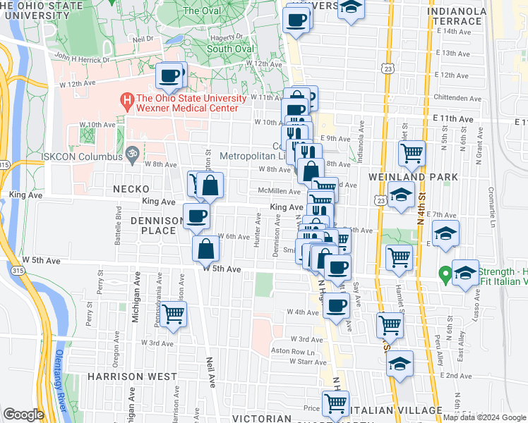 map of restaurants, bars, coffee shops, grocery stores, and more near 103 King Avenue in Columbus