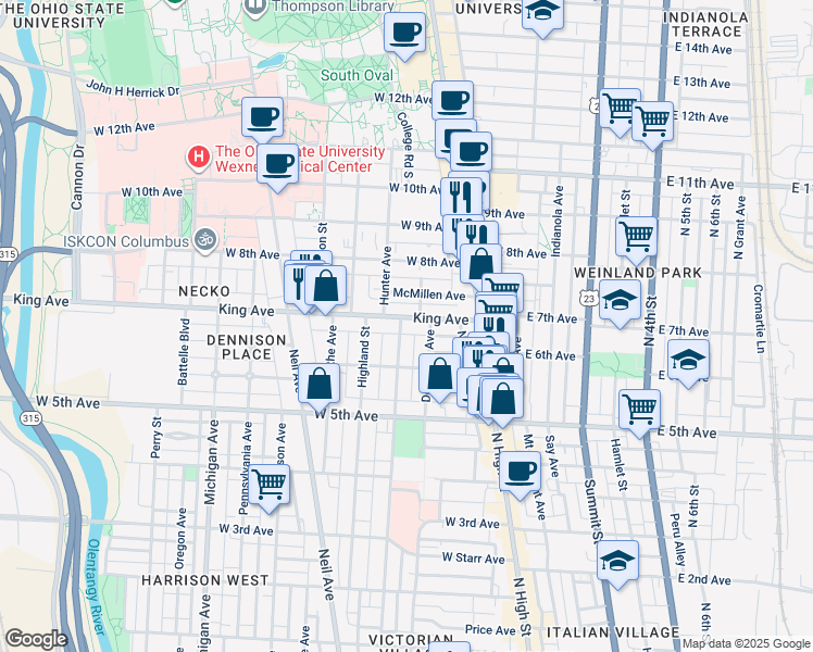 map of restaurants, bars, coffee shops, grocery stores, and more near 103 King Avenue in Columbus