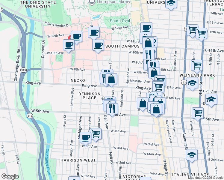 map of restaurants, bars, coffee shops, grocery stores, and more near 191 King Avenue in Columbus