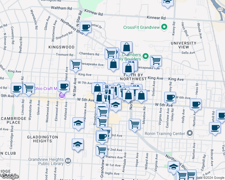 map of restaurants, bars, coffee shops, grocery stores, and more near 1362 West 6th Avenue in Columbus