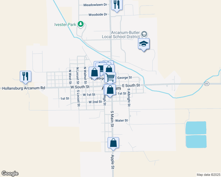 map of restaurants, bars, coffee shops, grocery stores, and more near in Arcanum