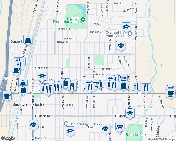 map of restaurants, bars, coffee shops, grocery stores, and more near 1134 Brighton Street in Brighton