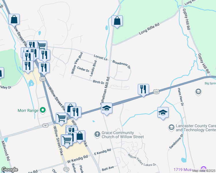 map of restaurants, bars, coffee shops, grocery stores, and more near 1625 Eshelman Mill Road in Willow Street