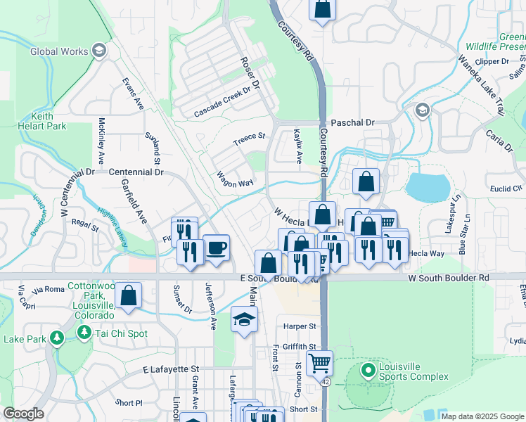 map of restaurants, bars, coffee shops, grocery stores, and more near 1864 Gallagher Lane in Louisville