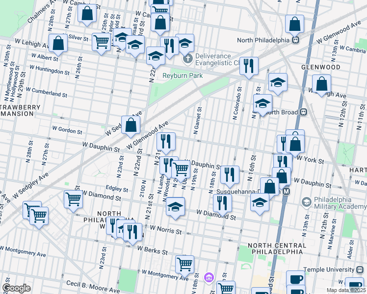 map of restaurants, bars, coffee shops, grocery stores, and more near 2343 North 20th Street in Philadelphia