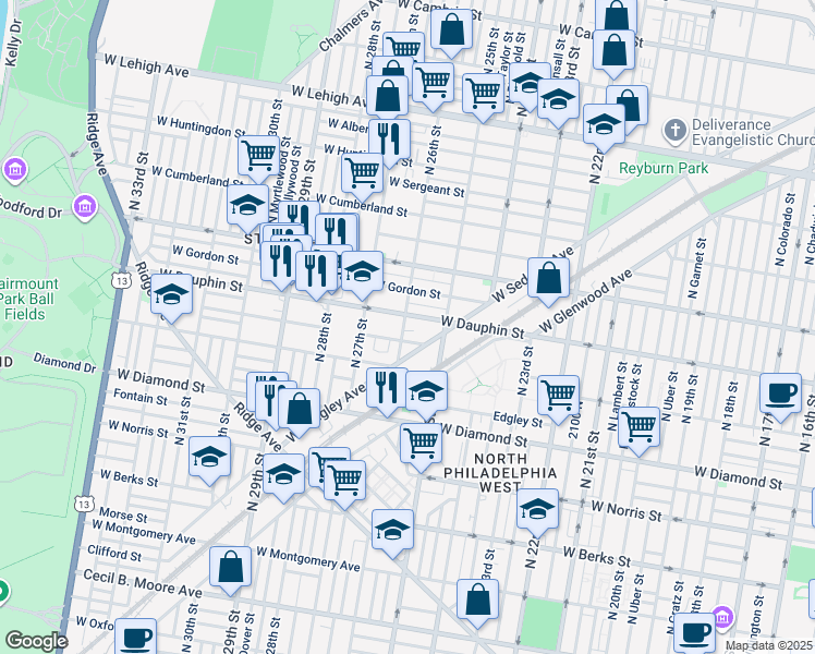 map of restaurants, bars, coffee shops, grocery stores, and more near 2241 North 26th Street in Philadelphia