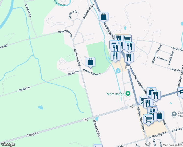 map of restaurants, bars, coffee shops, grocery stores, and more near 121 Willow Valley Dr in Lancaster